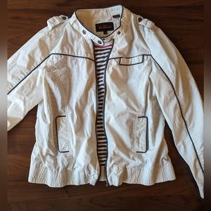 Ben Sherman White Moto Jacket Pockets Striped Liner Y2K Punk Women's Size XL EUC